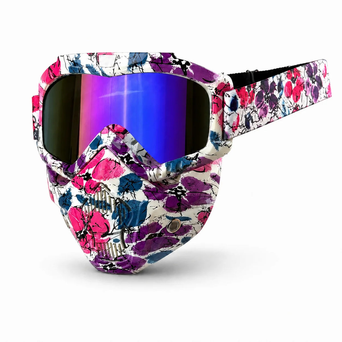 Tactical full face motorcycle goggles with a floral pattern case and iridescent colored lenses