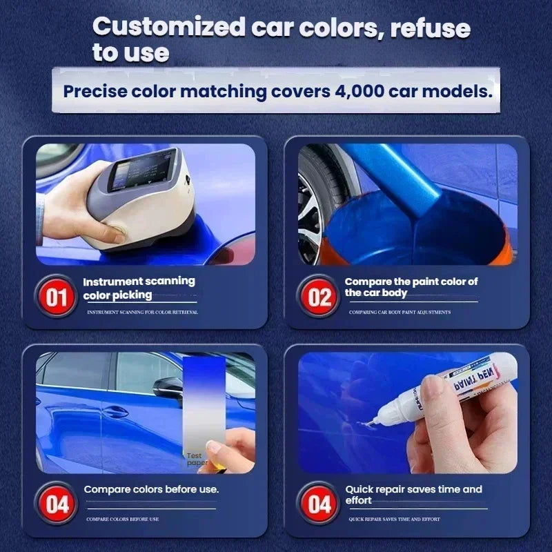 A set of tools and paint to match car colors for scratch repair, showing various color matching methods.