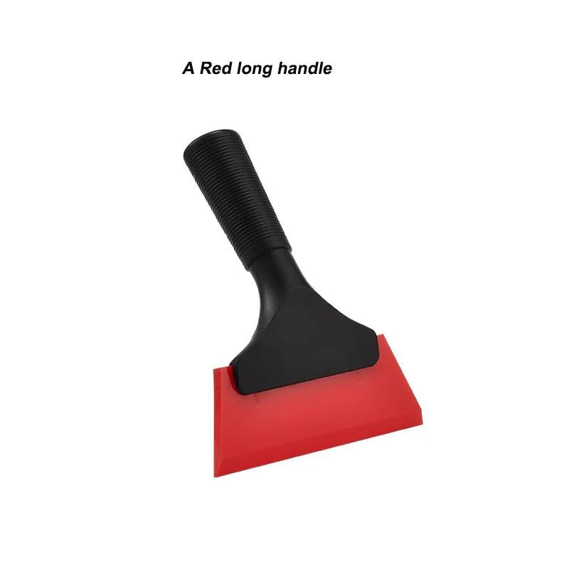 A black squeegee with a red long handle used for window and surface cleaning.