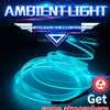 A blue glowing flexible LED strip illuminating a circular light fixture for car interior ambient lighting.