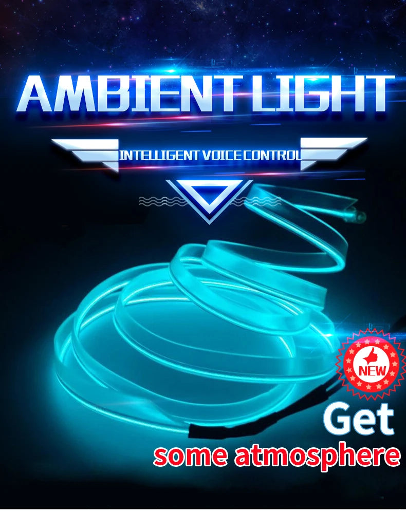 A blue glowing flexible LED strip illuminating a circular light fixture for car interior ambient lighting.