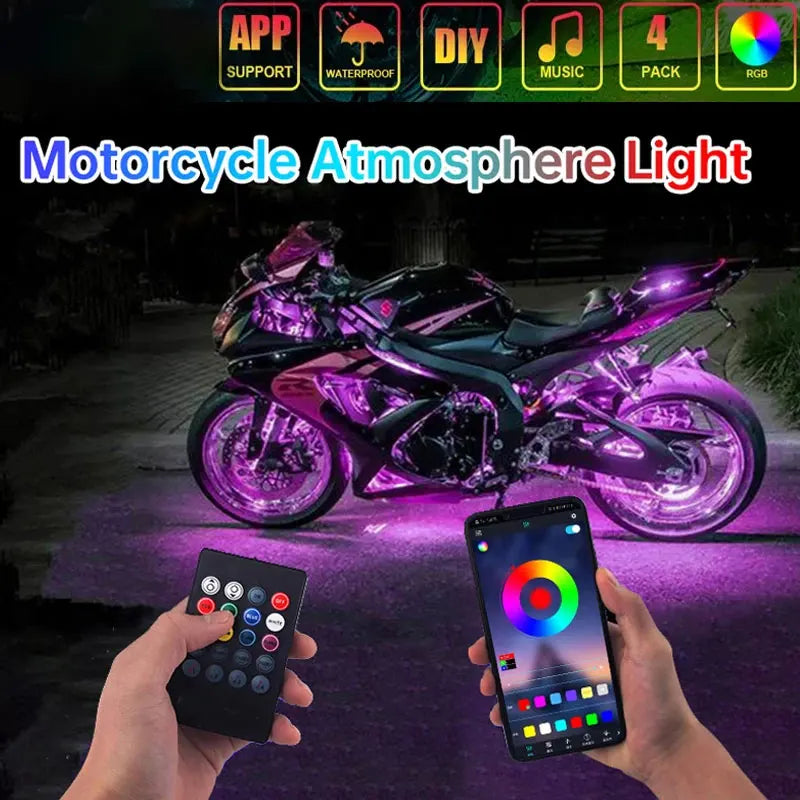 A motorcycle is illuminated with purple light, demonstrating the atmosphere light effect.