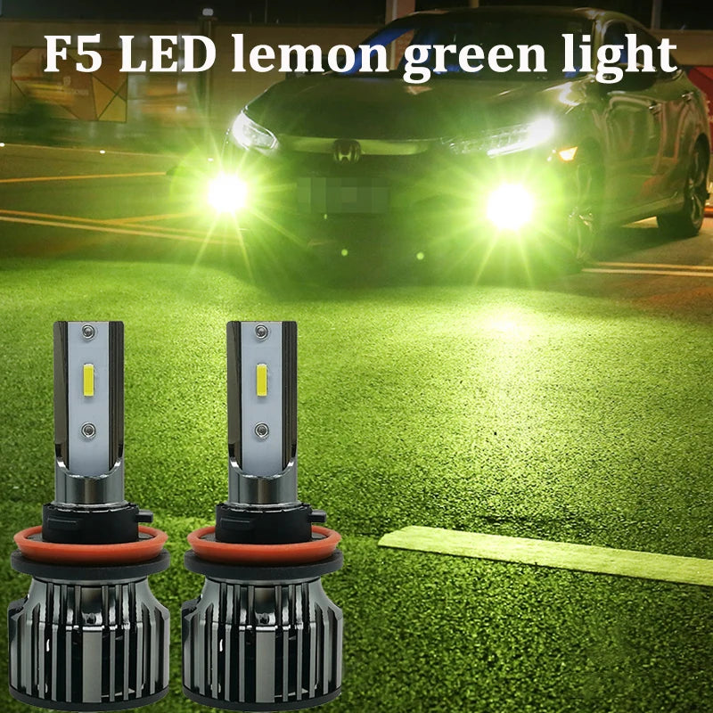 Two F5 LED lemon green car headlight bulbs shown next to a dark car with illuminated headlights.