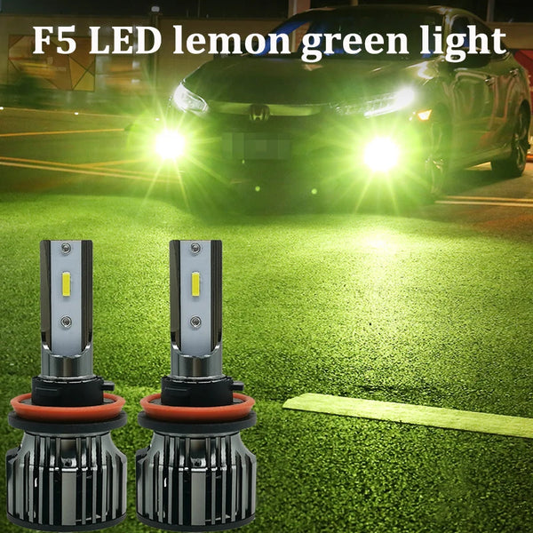 Two F5 LED lemon green car headlight bulbs shown next to a dark car with illuminated headlights.