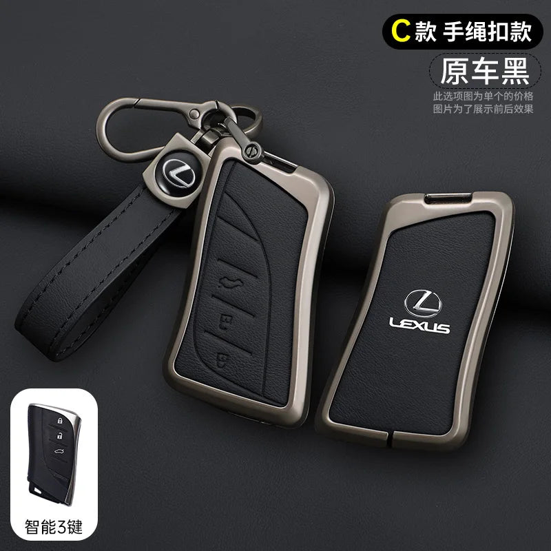 A black leather key cover shell with a metal clip and a lanyard, shown next to the full product.