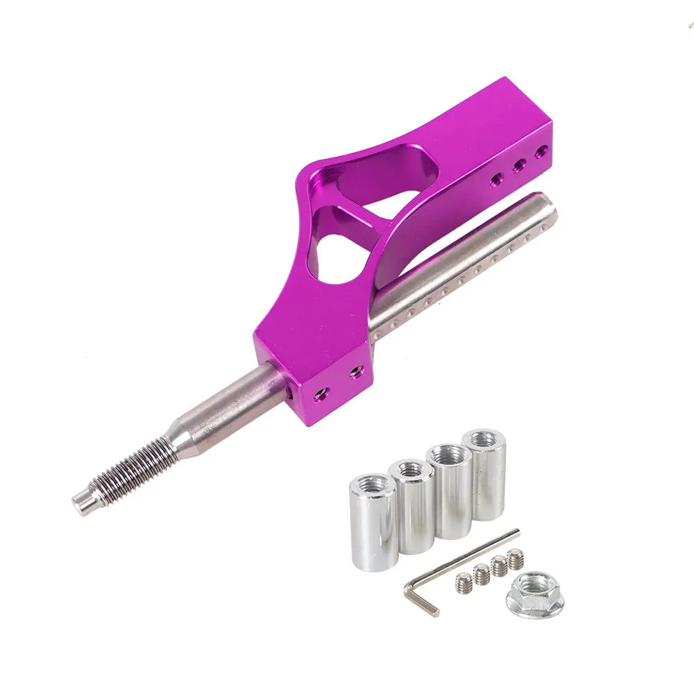 A pink adjustable car gear shifter extension kit with a metal shaft and various mounting hardware.