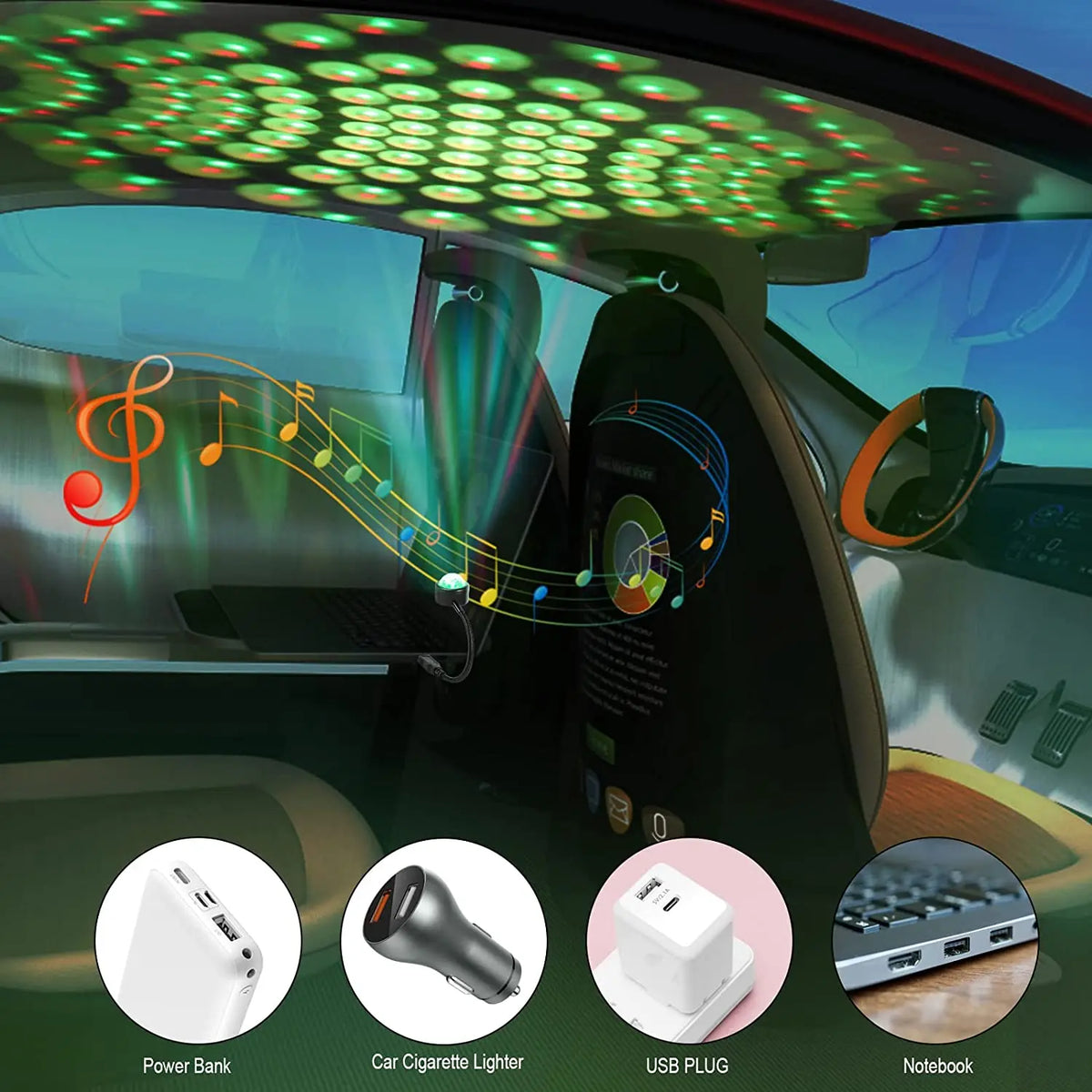 A multi-mode USB projection party light is shown illuminating the interior of a car with musical notes projected onto the win