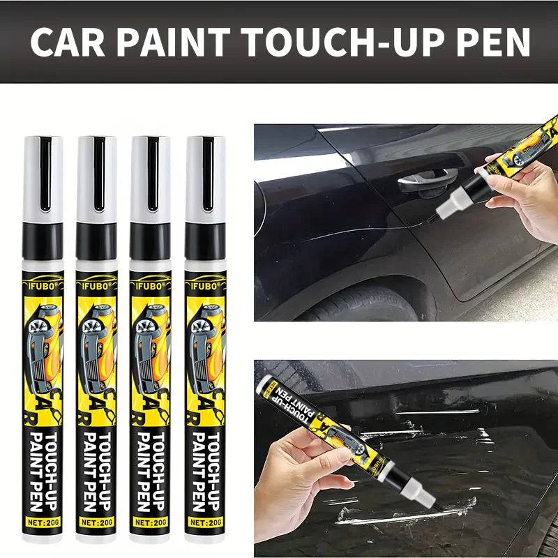 Gelener Korrekturbenstift zur Reparatur von Kratzern auf der schwarzen Karosserie eines Autos.