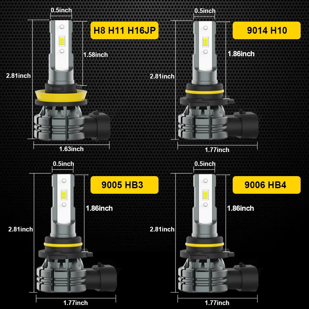Four automotive LED fog light assemblies shown side by side with various part numbers and dimensions.