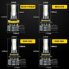 Four automotive LED fog light assemblies shown side by side with various part numbers and dimensions.