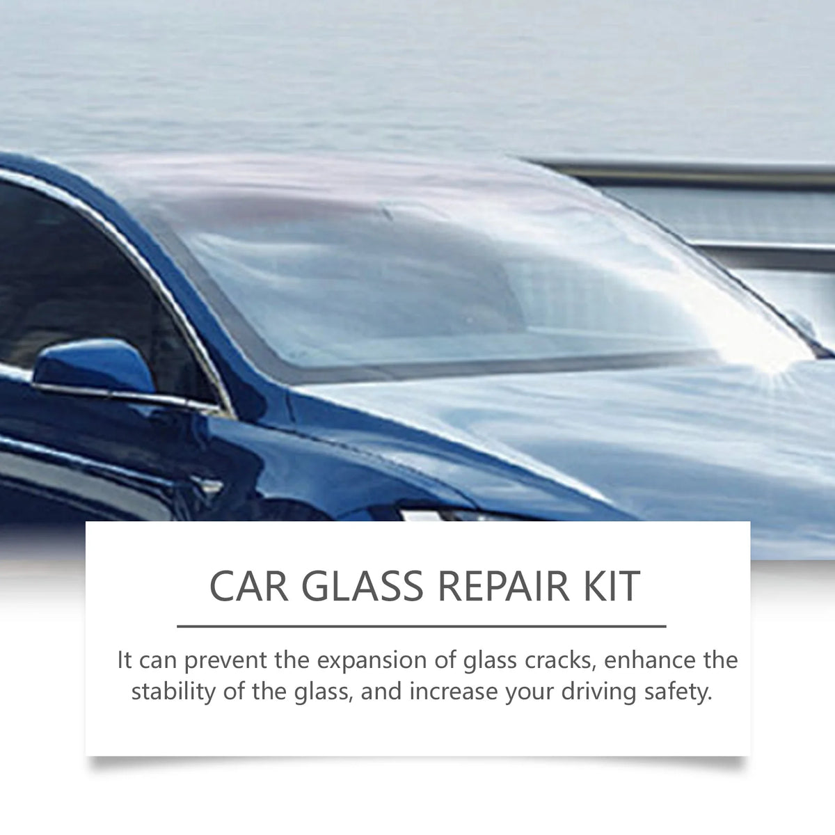 A close-up of a car windshield with a crack, showing a glass repair kit for enhancing stability and safety.