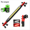 A magnetic rechargeable work light with a red and black handle and a green battery, shown in various views.