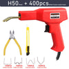 Red H50 plastic welding gun with a heat fusion weld stud and various staples for repair work