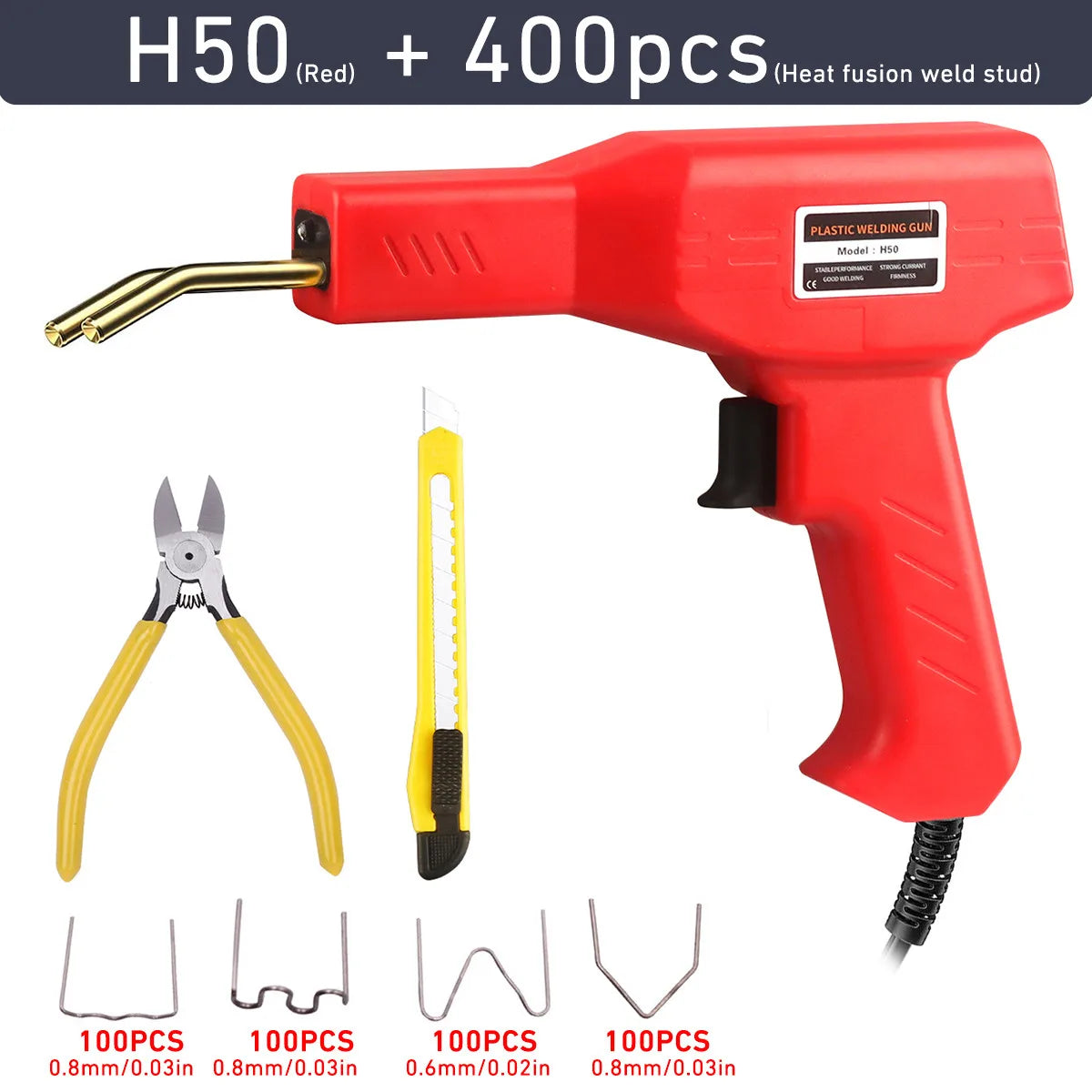 Red H50 plastic welding gun with a heat fusion weld stud and various staples for repair work