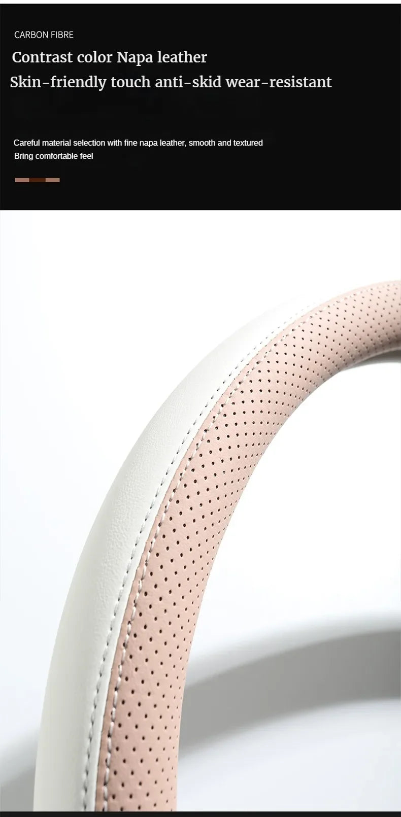 Close-up of a light pink perforated Nappa leather steering wheel cover with white stitching.