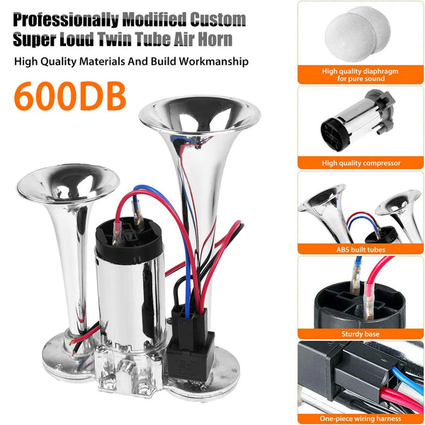 Professionally modified custom super loud twin tube air horn with a silver body and black electrical components