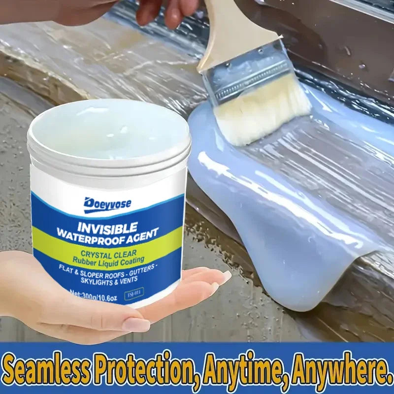 A hand holds a container of Invisible Waterproof Agent and a silicone applicator being used on a window frame.