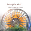 An orange and silver car cooling fan is shown with a forest background, suggesting a soft cycle wind experience.