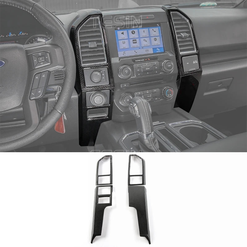 Finition de console centrale à grain de fibre de carbone pour Ford F-150, montrant les détails intérieurs.