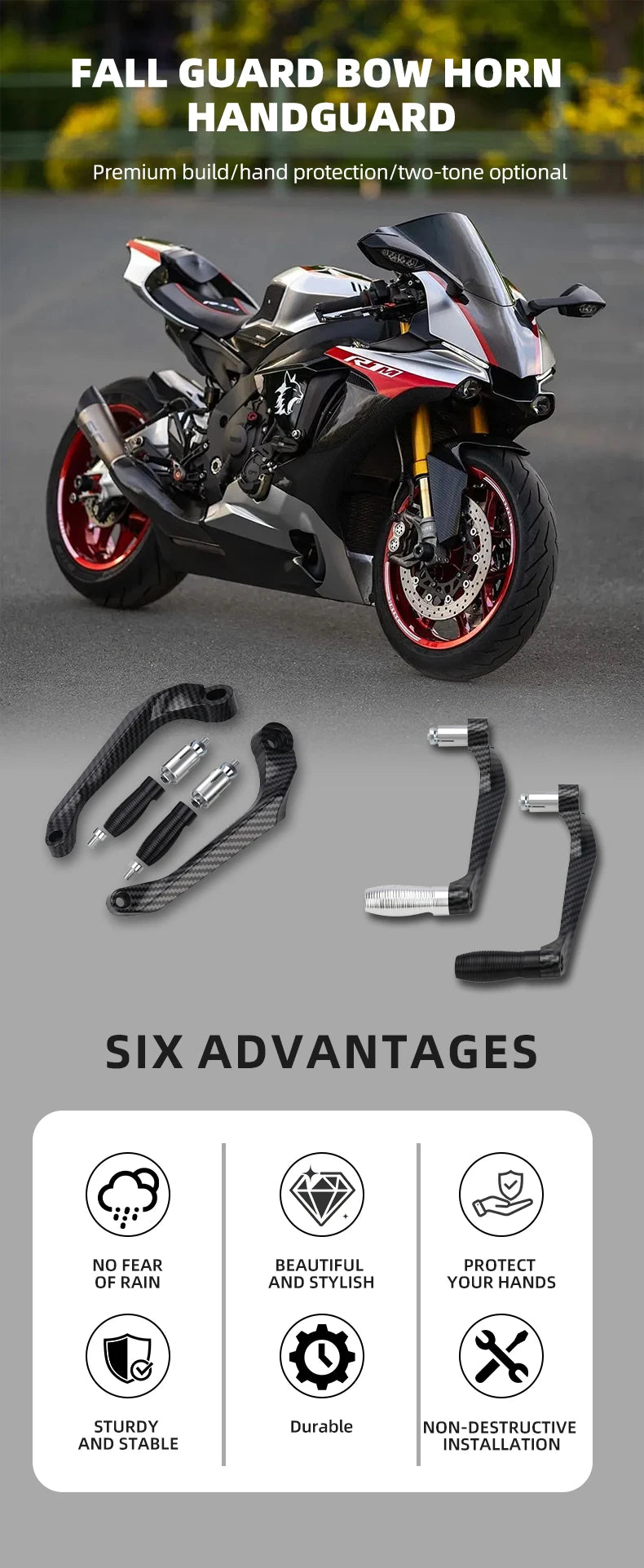 A black motorcycle is shown with aftermarket carbon fiber handguards installed, featuring various components for protection.