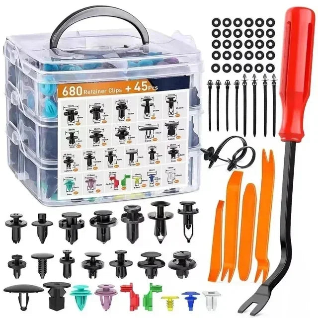 A set of 680 retainer clips and various fasteners for universal car use, including black, blue, and green types.