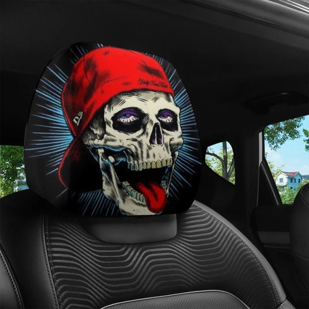 Funda para reposacabezas de coche con diseño de calavera, bandana roja y ojos brillantes.