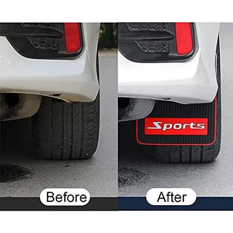 Before and after comparison of universal rubber mud flaps installed on a vehicle wheel.