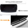 Comparison showing carbon fiber door sill protectors before and after installation on a white car