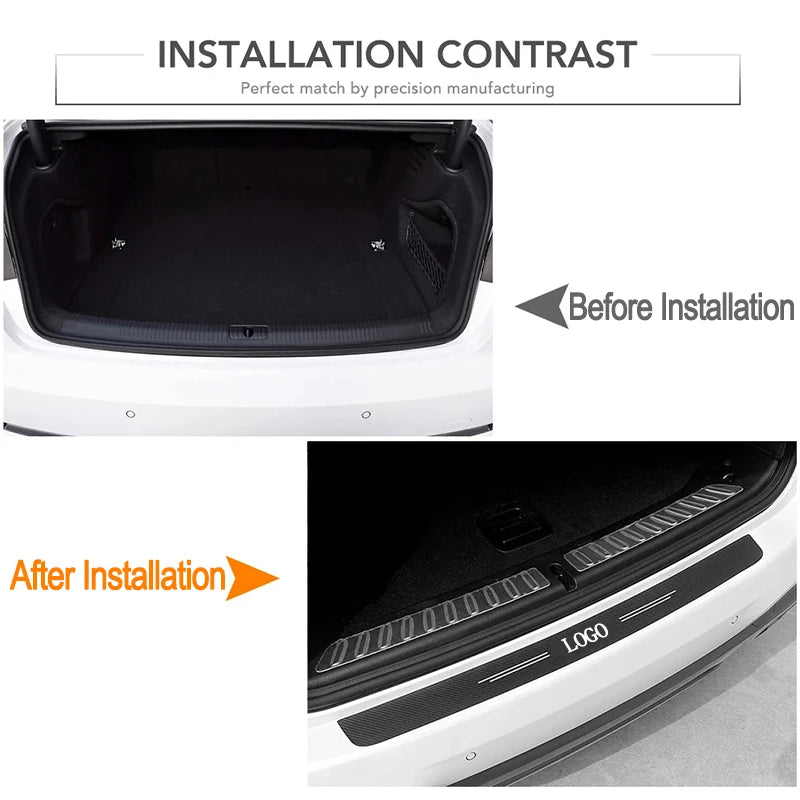 Comparison showing carbon fiber door sill protectors before and after installation on a white car