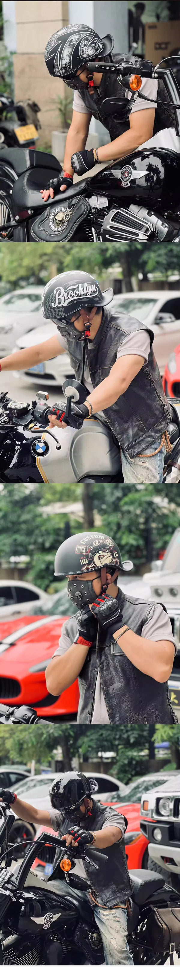 A man wearing a black half helmet is riding a black motorcycle in an outdoor setting.