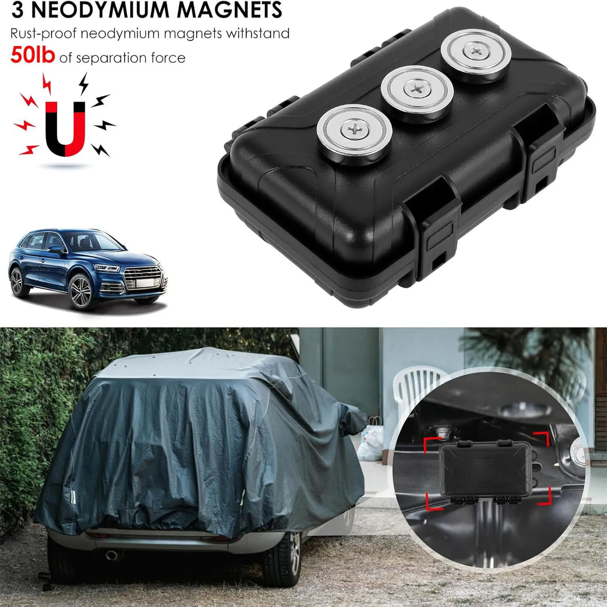 Aimants en néodyme noirs dans une boîte en plastique pour porte-clés magnétiques de voiture et extérieur