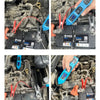 A hand holds a blue automotive voltage circuit tester kit with red leads, demonstrating its use on an engine component.