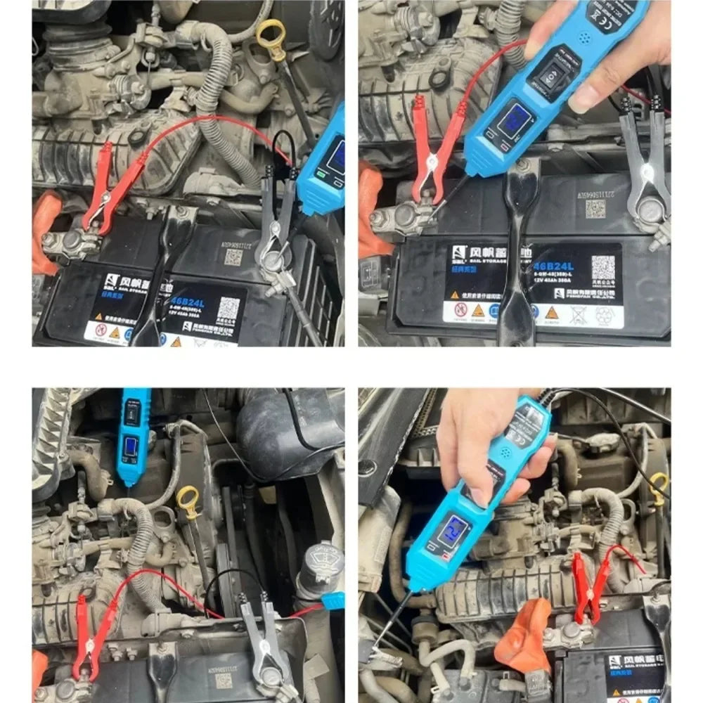 A hand holds a blue automotive voltage circuit tester kit with red leads, demonstrating its use on an engine component.