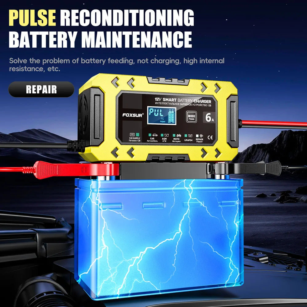 A yellow and black pulse reconditioning battery maintenance device is shown with a blue battery pack, suggesting battery feed