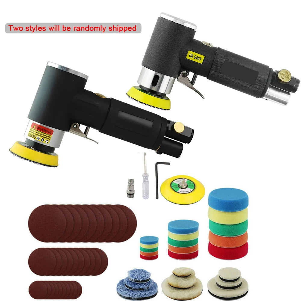 A kit for mini air orbital sander and polisher including various sanding discs and polishing pads.