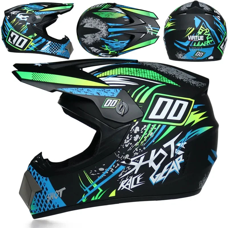 A black and neon green safety helmet for kids and motorcycles shown in various angles.