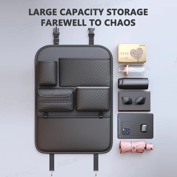 Bolsa organizadora de gran capacidad para asiento de coche, con múltiples compartimentos y accesorios.
