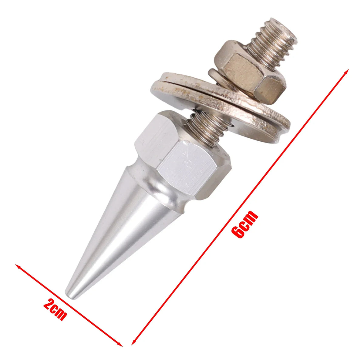 A close-up view of a silver M6 license plate screw with a hexagonal head and pointed tip, showing its dimensions.