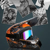 Orange and black off-road safety helmet displayed with surrounding images of motorcycle riding.