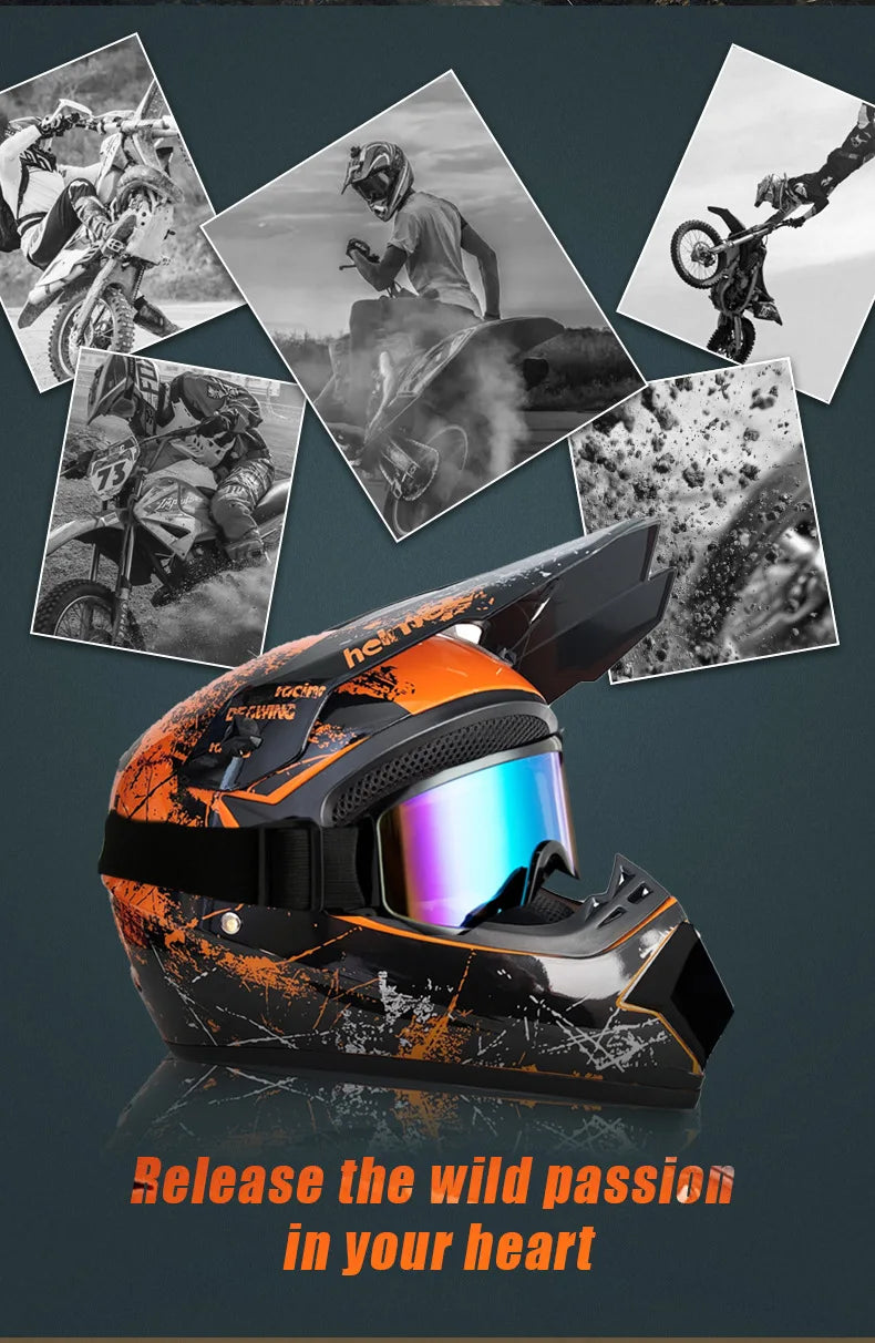 Orange and black off-road safety helmet displayed with surrounding images of motorcycle riding.