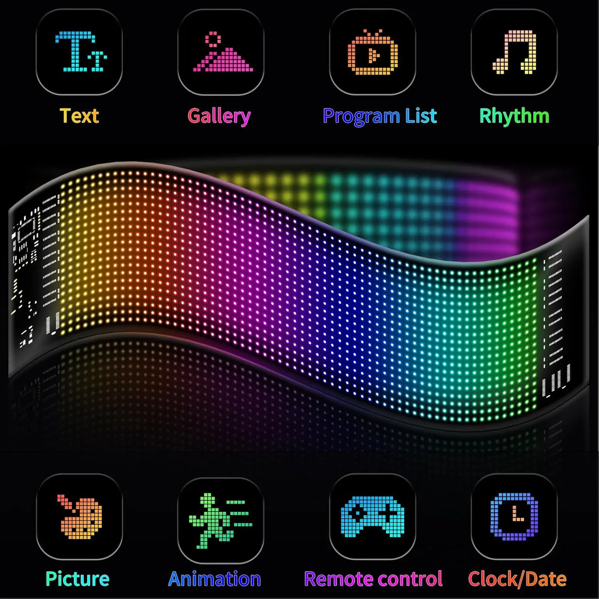 A screen displaying various options like Text, Gallery, Program List, Rhythm, Picture, Animation, Remote control, and Clock/D