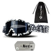 A pair of multi-color noseless motorcycle goggles with a black fabric pouch and packaging box.