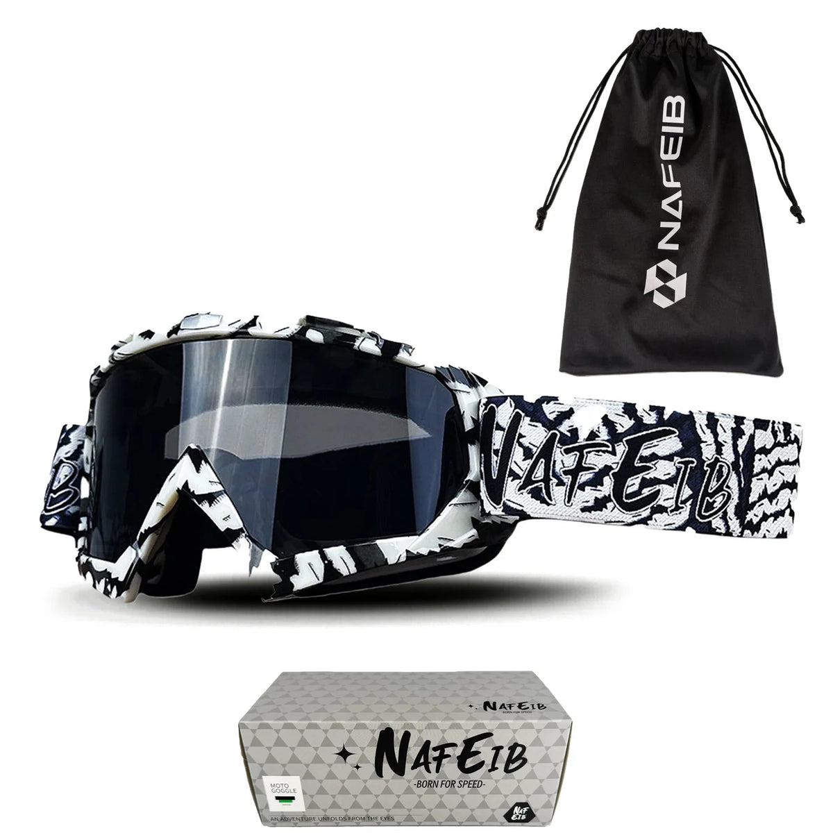 A pair of multi-color noseless motorcycle goggles with a black fabric pouch and packaging box.