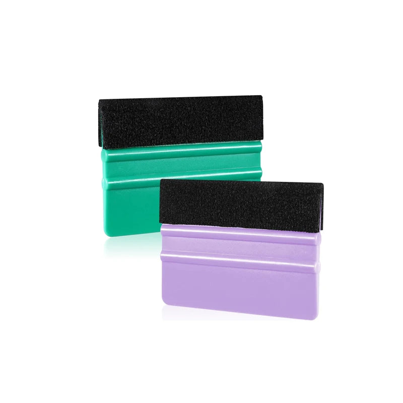 A set of three felt squeegee tools in black, green, and purple for removing vinyl decals and film.