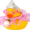 A decorative rubber duck in yellow with a silver crown and pearl necklace.
