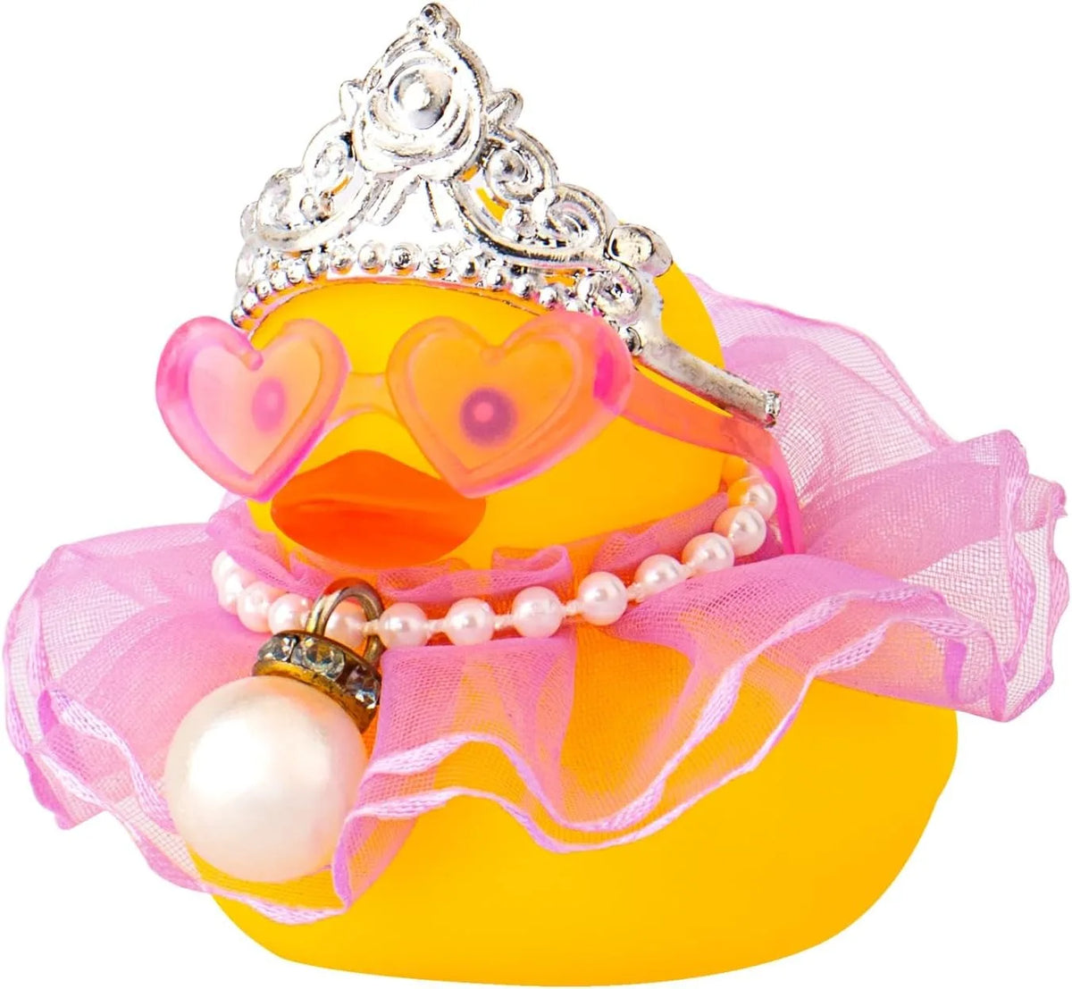 A decorative rubber duck in yellow with a silver crown and pearl necklace.