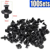 A pile of black 8mm plastic rivet fasteners for automotive and DIY projects.
