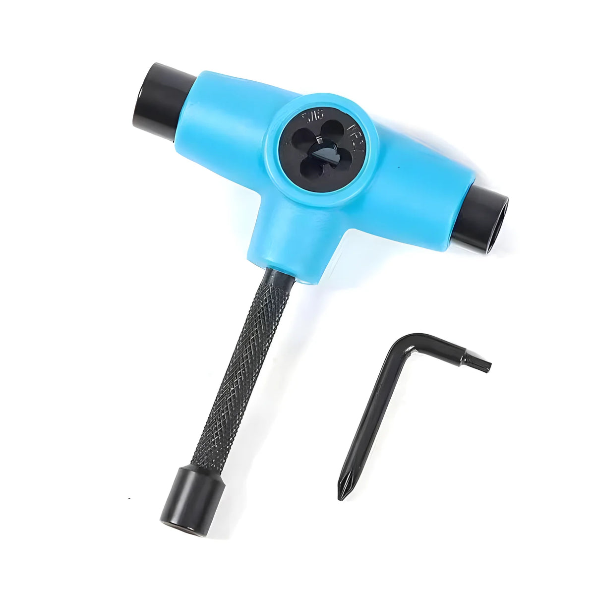 A blue multi-tool set with a black handle and a hexagonal driver tip.