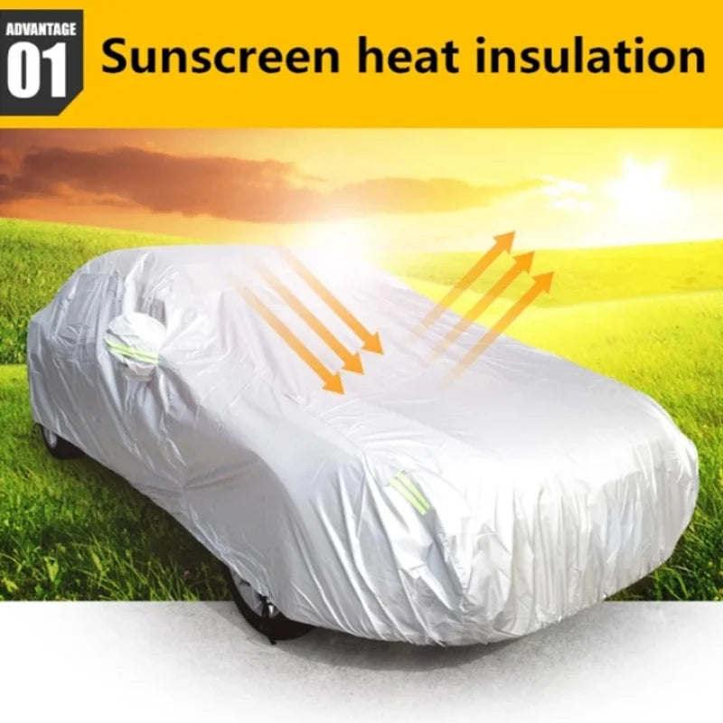 A white all-weather car cover is shown protecting a vehicle in a grassy field, demonstrating sunscreen heat insulation.