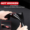 A hand holds a black rubber mud flap with a red accent, demonstrating its softness and anti-collision features.